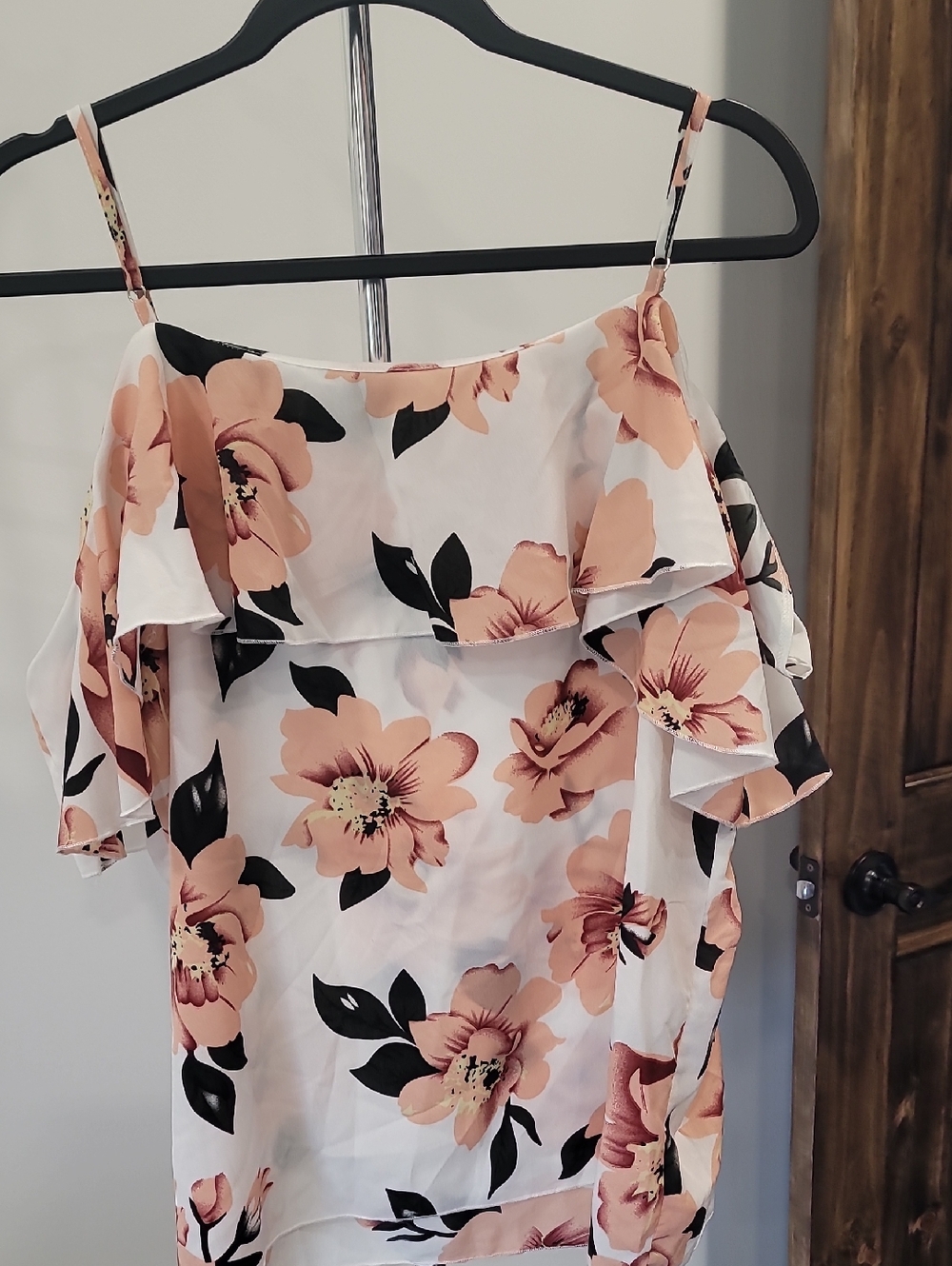 SHEIN White Floral Off-Shoulder Ruffle Blouse with Peach Flowers